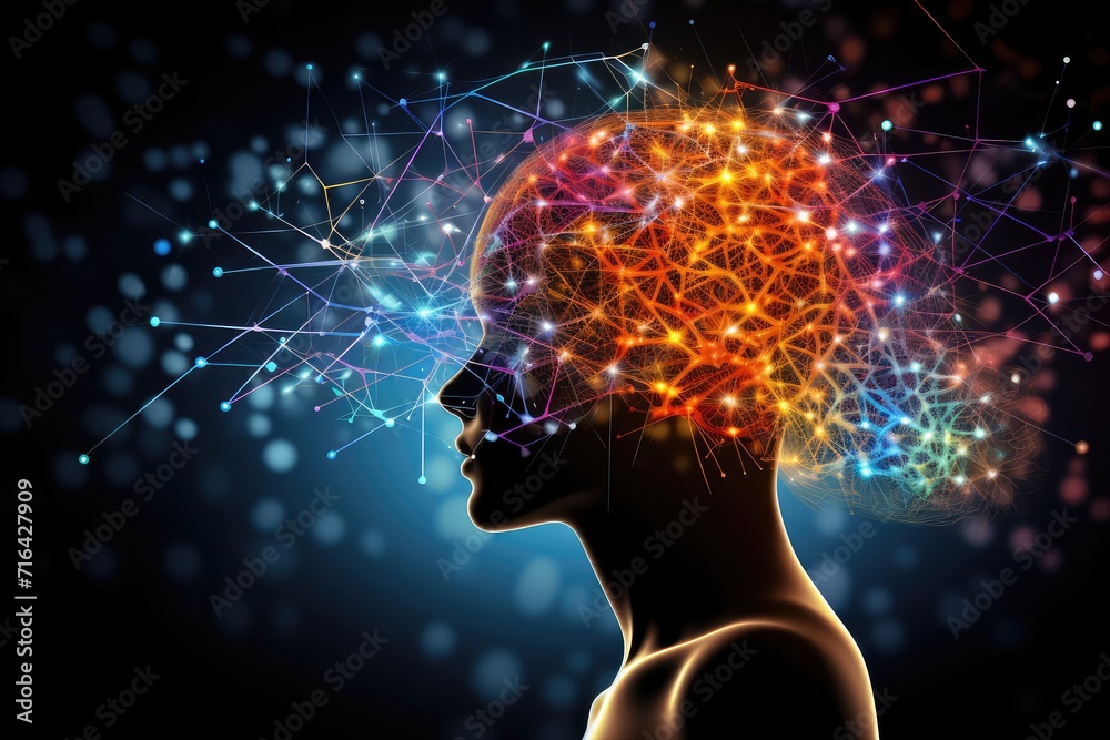 Skull's neurons gem-toned creativity. Synaptic connections, dappled in ...
