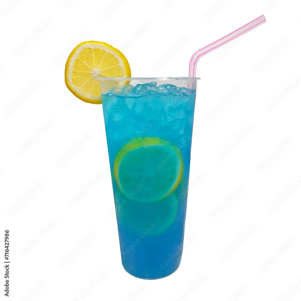 Blue Lemon Soda and Ice in a tall plastic cup with straw, garnished with sliced lemon on top. Refreshing blue lemonade drink, no label for mock up template. Isolated on white background.