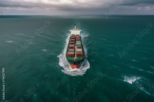 Bird's-eye view of a massive cargo vessel sailing across the vast sea. Generative AI © Nerissa