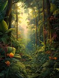 Serene Rainforest Canopies Vintage Painting: Immersive Tropical Jungle Atmosphere