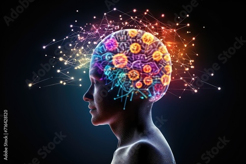 Skull's neurons gem-toned creativity. Synaptic connections, dappled in vivid hues, ignite inventive neural processes. Flamboyant blossom of imagination brain's playground, thoughtful playful thoughts