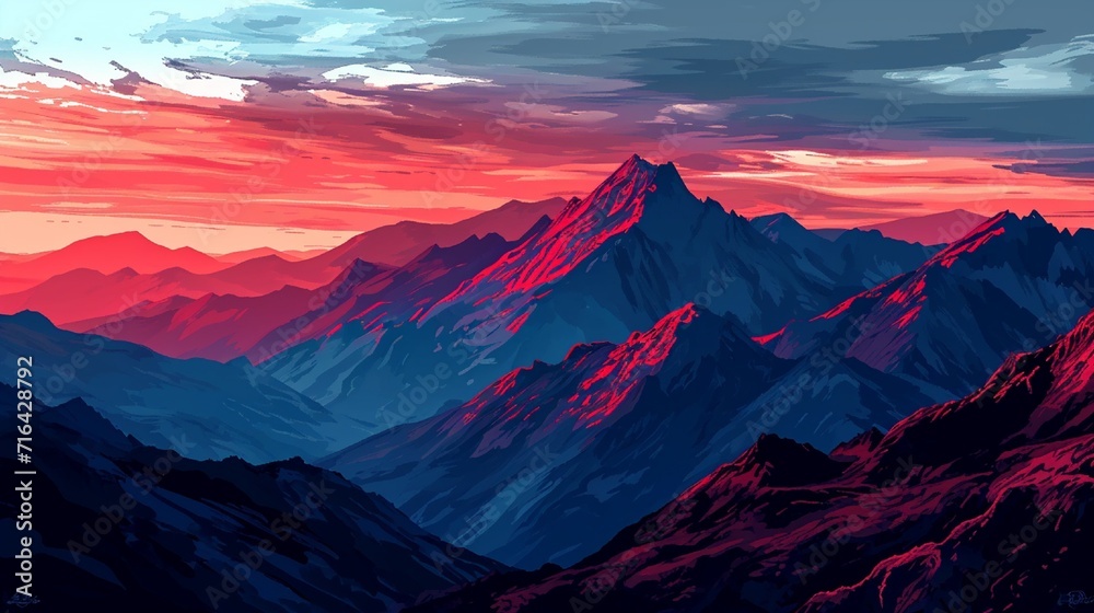 custom made wallpaper toronto digitalDepict a mountain range at twilight, with the peaks in shades of red, the skies in a gradient of red to blue, reflecting the transition from sunset to night.