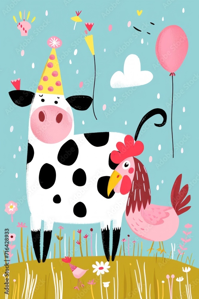 A cute cow and chicken celebrate with birthday hats.