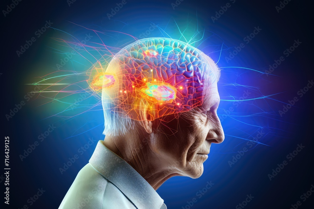 Obraz premium Skull's neurons gem-toned creativity. Synaptic connections, dappled in vivid hues, ignite inventive neural processes. Flamboyant blossom of imagination brain's playground, thoughtful playful thoughts