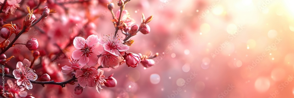  Beautiful Spring Pink Flowers On Sunrise, Banner Image For Website, Background, Desktop Wallpaper