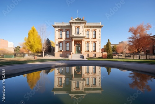 reflective pond in front of italianate building with belvedere