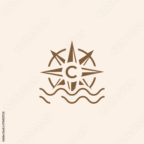 Marine nautical compass logo design wind rose sunset bird element icon symbol illustration