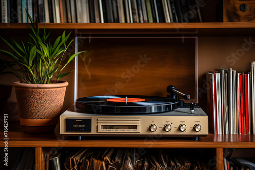 Retro turntable player with vinyl record on the shelf in the library