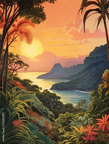 Sun-Kissed Tropical Bays Mountain Landscape Art: Coastal Scene Vintage Prints