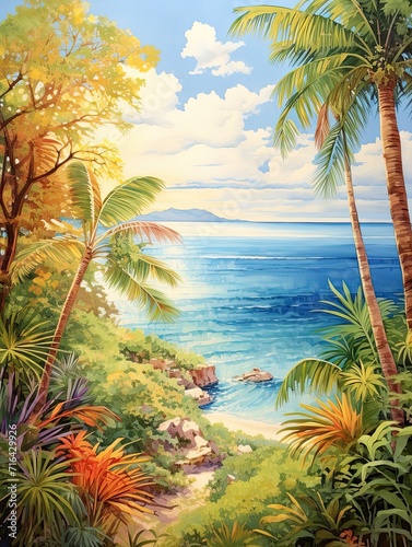 Sun-Kissed Tropical Bays  A Modern Landscape  Beach Art  and Vintage Painting Delight