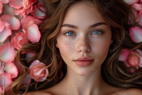 Portrait of a young and beautiful woman with perfectly smooth skin surrounded by rose petals. Banner for body care, spa salon, bio eco cosmetics concept. Model beauty shot.