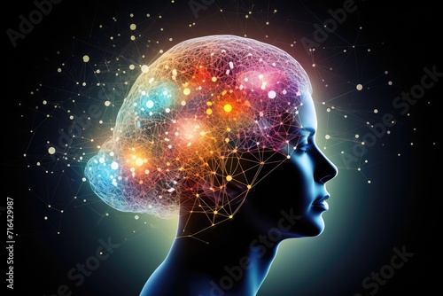 Celestial symphony of brain  neural pathways wit jazzy vibrancy. Mind s dazzling chromaticity  imagery techno hues. Neurons  sunkissed dots  synaptic vectors  mindful neurodynamic skull s vast expanse