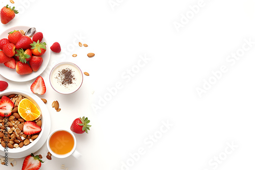 Healthy breakfast with muesli, strawberries and orange juice on white background © Graphicsstudio 5