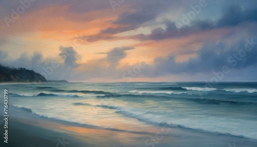 sunset over the sea.an atmospheric and dreamy painting of Twilight Bliss, emphasizing the calming hues of twilight as they wash over a serene seascape.