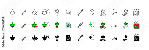 Medical marijuana set icon. Linear, silhouette and flat style. Vector icons