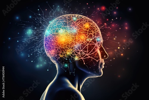 Celestial symphony of brain, neural pathways wit jazzy vibrancy. Mind's dazzling chromaticity, imagery techno hues. Neurons, sunkissed dots, synaptic vectors, mindful neurodynamic skull's vast expanse photo