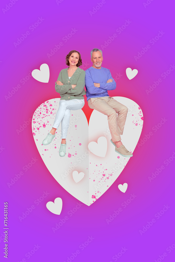 Vertical photo collage picture of peaceful idyllic aged people couple sitting on big paper heart valentine day on creative background Vertical photo collage picture of peaceful idyllic aged people couple sitting on big paper heart valentine day on creative background