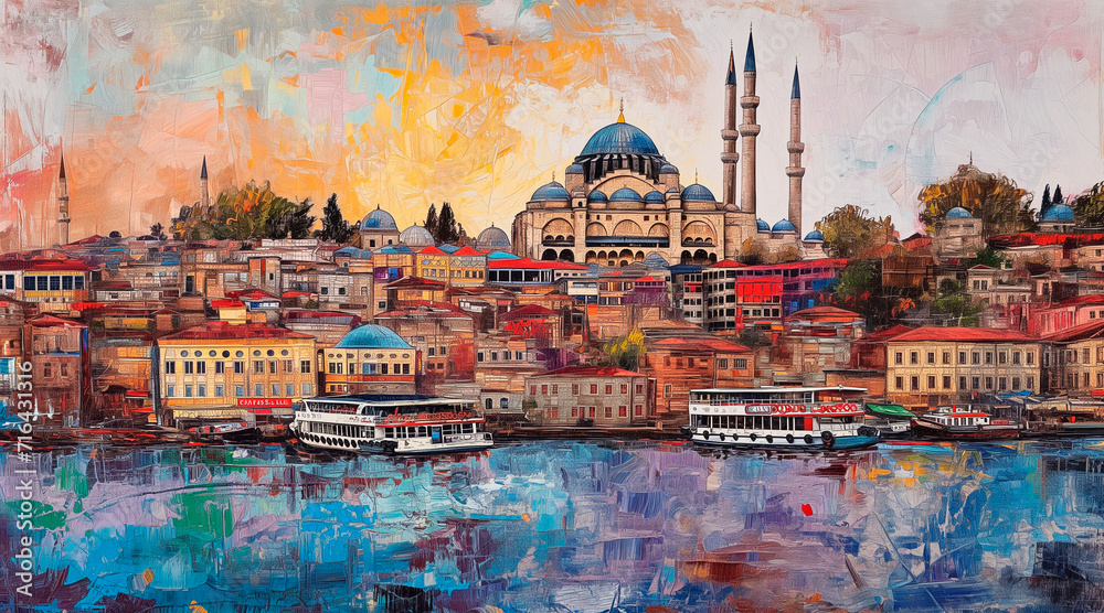 oil painting. alloy painting with meticulous details, many details, with intense colors of the typical postcard from Istanbul