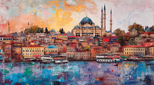 oil painting. alloy painting with meticulous details, many details, with intense colors of the typical postcard from Istanbul photo