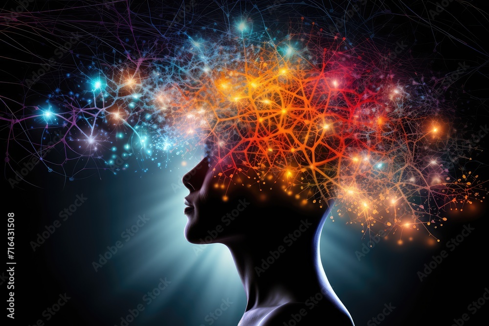 Celestial symphony of brain, neural pathways wit jazzy vibrancy. Mind's dazzling chromaticity, imagery techno hues. Neurons, sunkissed dots, synaptic vectors, mindful neurodynamic skull's vast expanse