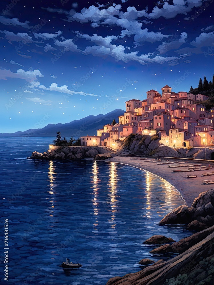 Nighttime Coast: Timeless Starry Beach Artwork - Captivating Mediterranean Coasts in the Night Sky