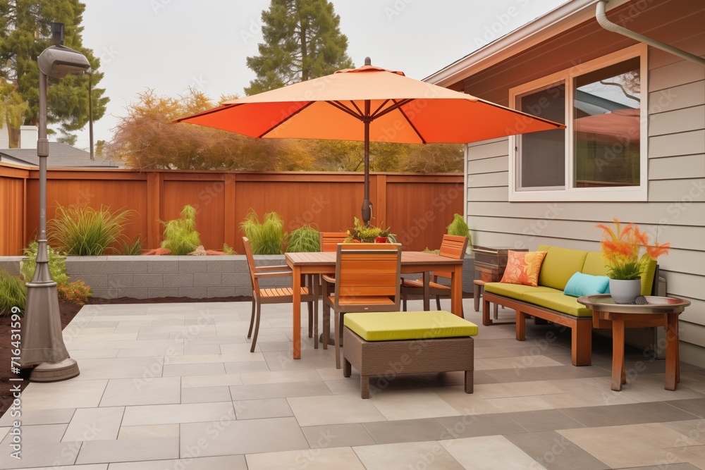 outdoor patio with asymmetrical paving and angular furniture arrangement