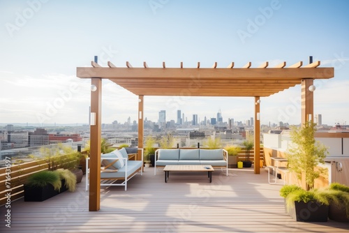 rooftop terrace with asymmetrical pergola and panoramic city view photo