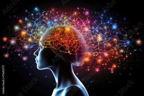 Celestial symphony of brain, neural pathways wit jazzy vibrancy. Mind's dazzling chromaticity, imagery techno hues. Neurons, sunkissed dots, synaptic vectors, mindful neurodynamic skull's vast expanse