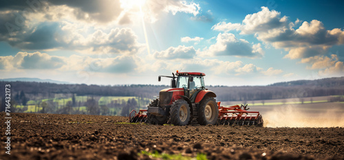 A tractor works in the field and plows the land, preparing the field for sowing, the concept - Earth Hour and caring for the future harvest, seasonal work on the farm photo