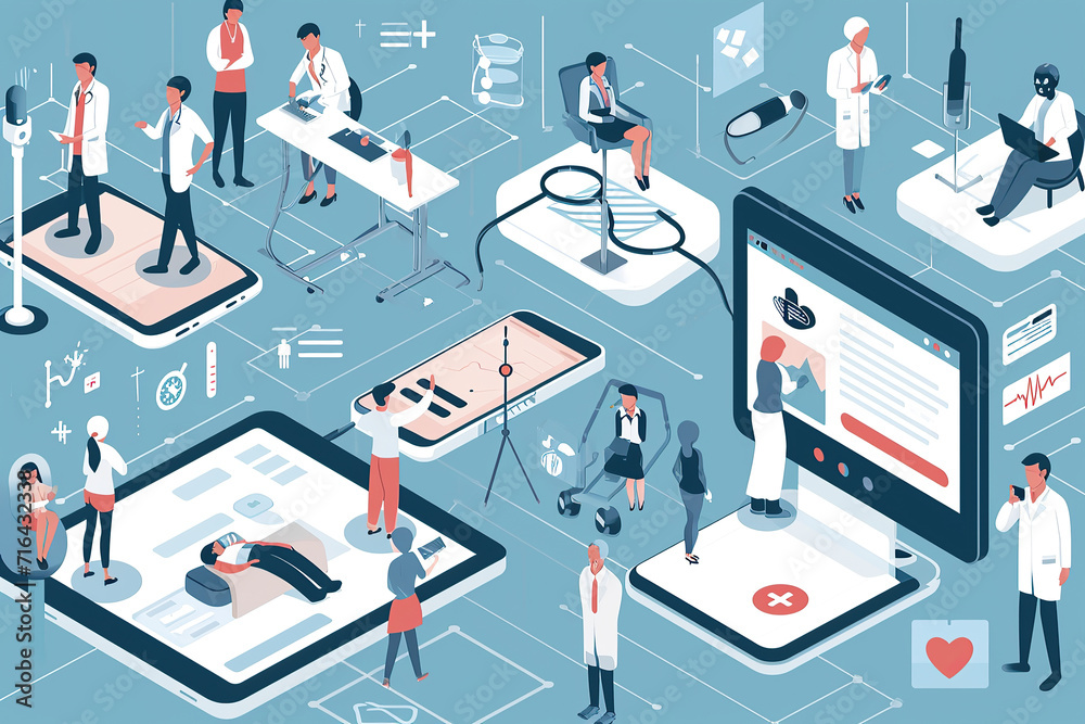Doctor or nurse conducting a virtual consultation or monitoring a patient through telehealth devices Doctor or nurse conducting a virtual consultation or monitoring a patient through telehealth devices