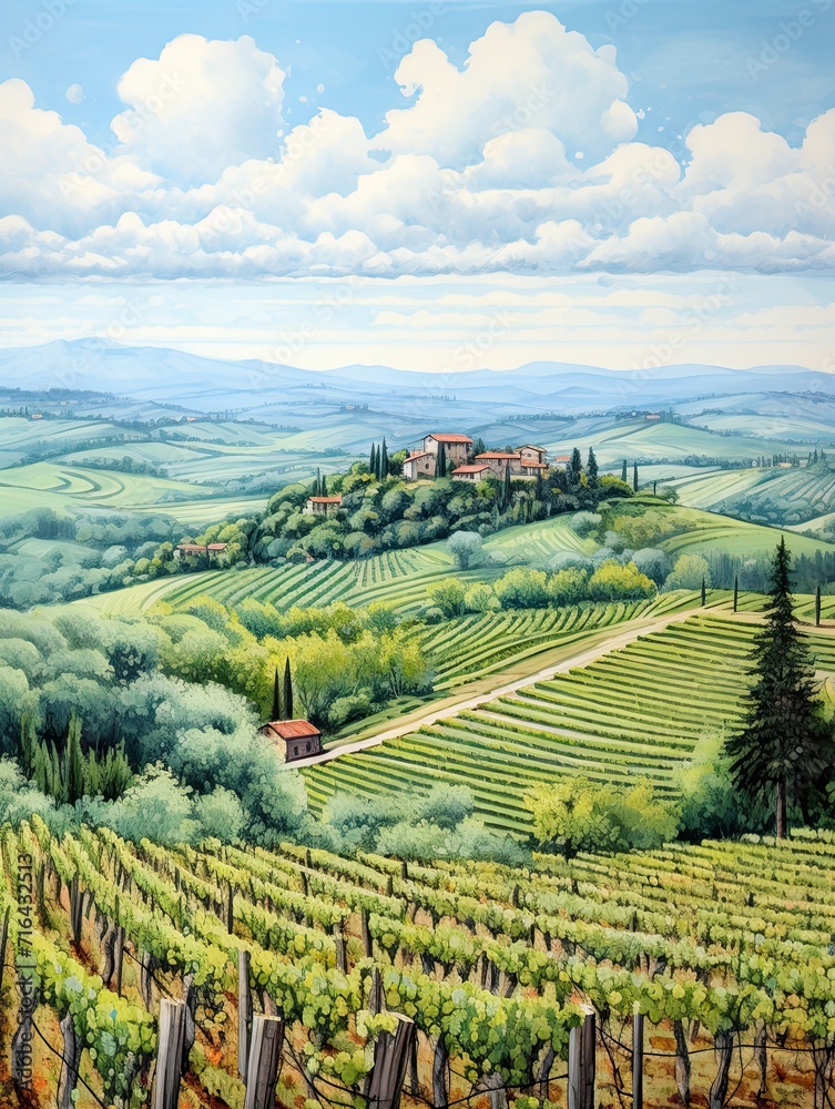 Timeless Tuscan Vineyards: Handmade Landscape Painting and Scenic Prints - Stunning Vine Rows