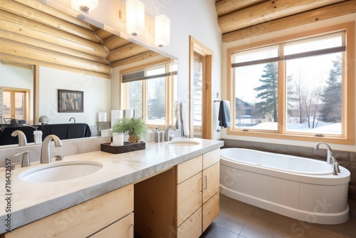 spacious log cabin bathroom with wallsized windows and nature views