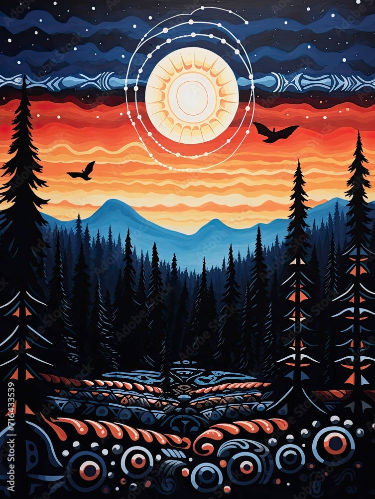 Obraz premium Traditional Native Tribal Art: Moonlit Landscape with Night Tribal Symbols and Indigenous Moon Art