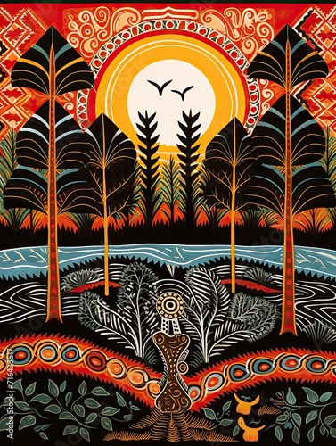 Traditional Native Tribal Art Landscape Poster: Tribal Symbols Wall Decor © Michael