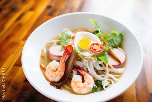 pho with seafood, featuring shrimp and squid on top