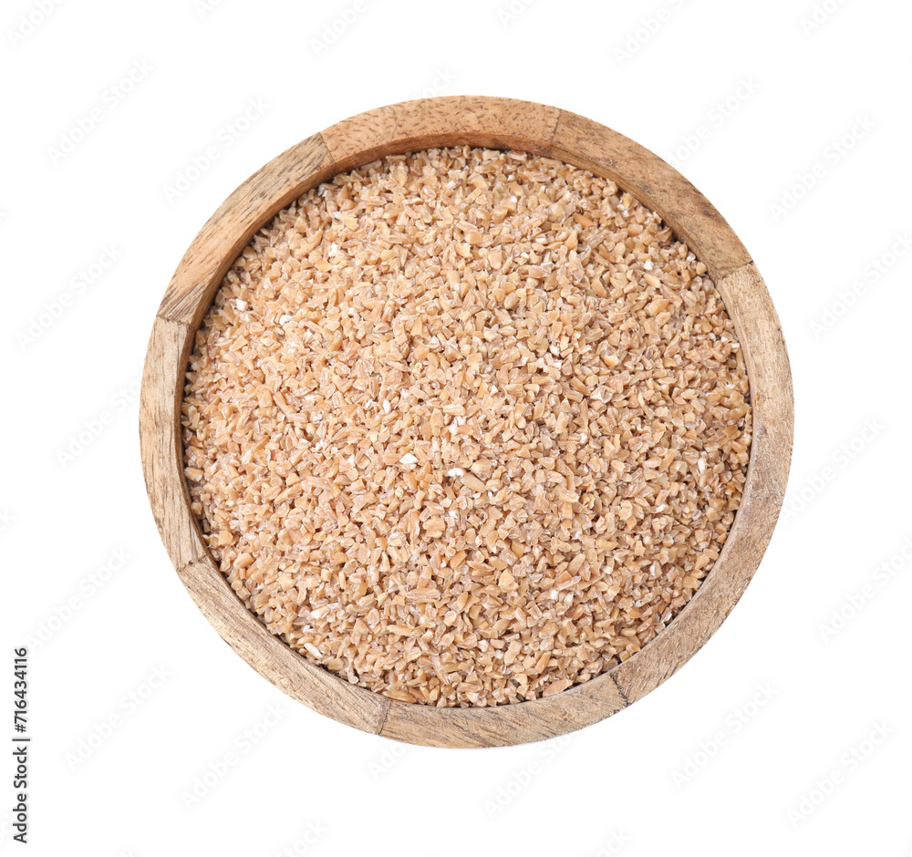 Dry wheat groats in bowl isolated on white, top view Dry wheat groats in bowl isolated on white, top view
