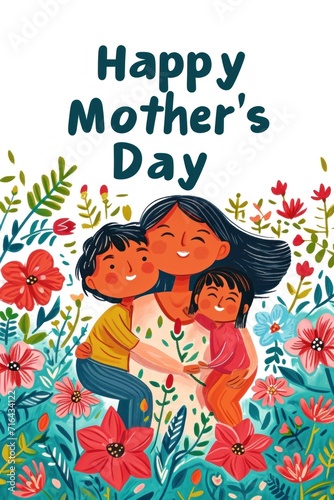 A joyful moment captured with a smiling mother and her little ones.