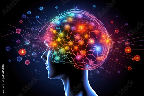 Brain, tapestry of polychromatic neurons, artistic conceptual visual mapping. Luminous thought sparkle, creating opalescent brilliance of whimsical creativity. Ingenious ideas, vibrant mind Carnival 