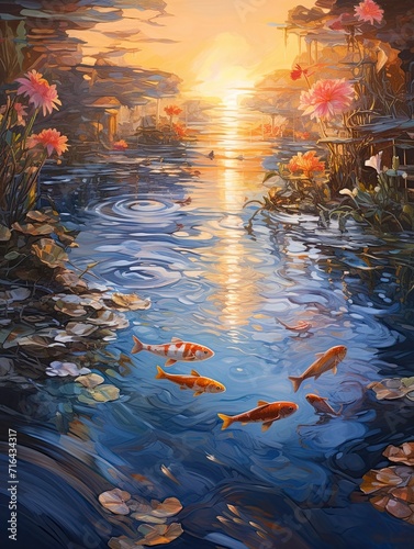 Tranquil Koi Pond Reflections: Golden Hour Art of Glowing Waters in Sunset Scenes