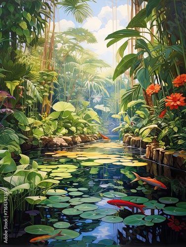 Tranquil Koi Pond Reflections: Island Artwork in a Tropical Garden Surrounded by Lush Greenery