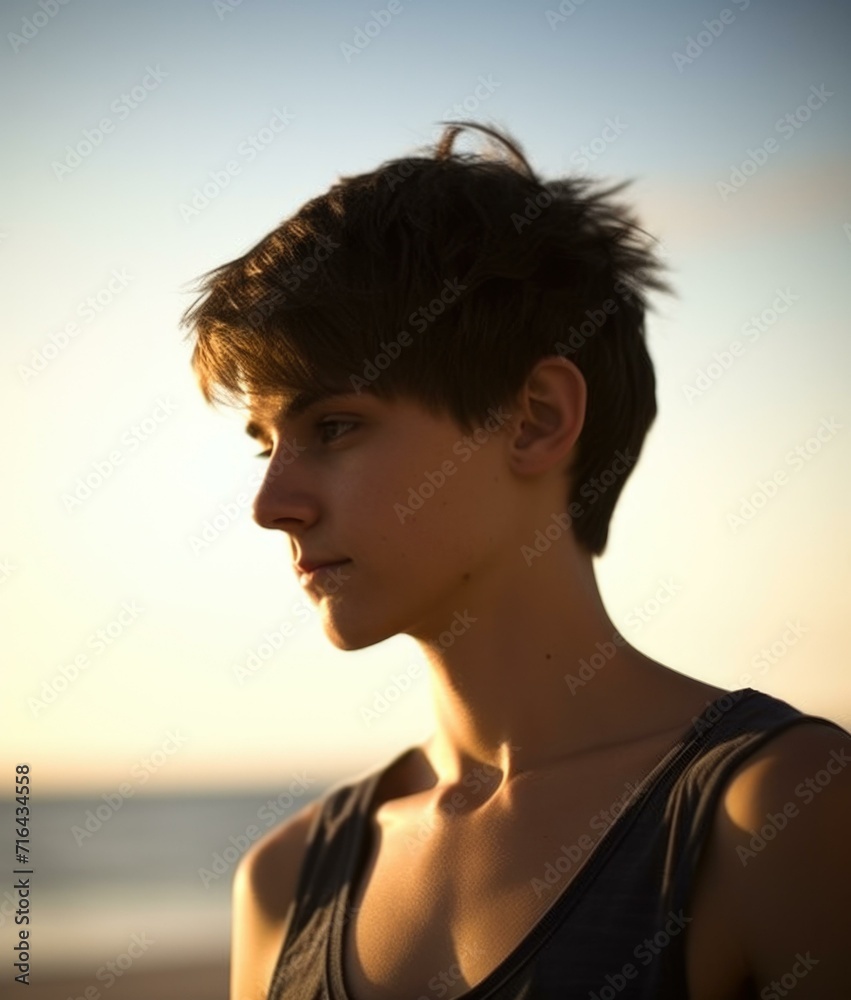 A young man standing on the beach at sunset. Generative AI. A young man standing on the beach at sunset. Generative AI.