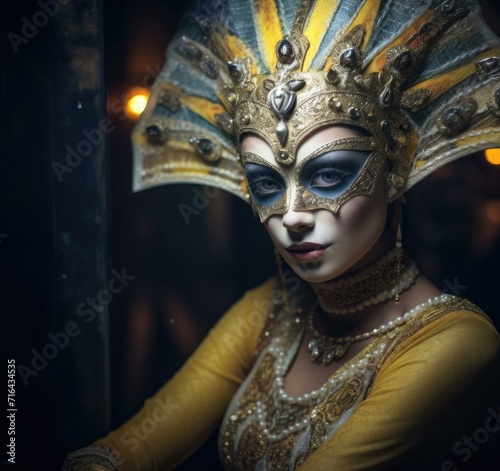 A woman in a gold and yellow costume. Generative AI. © serg3d