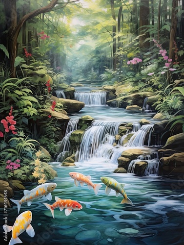 Tranquil Koi Pond Reflections: Riverside Painting Embracing Serenity