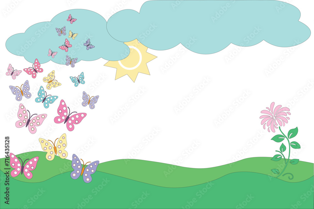 Illustration of a spring background with butterflies, clouds, grass and the sun with copy space Illustration of a spring background with butterflies, clouds, grass and the sun with copy space