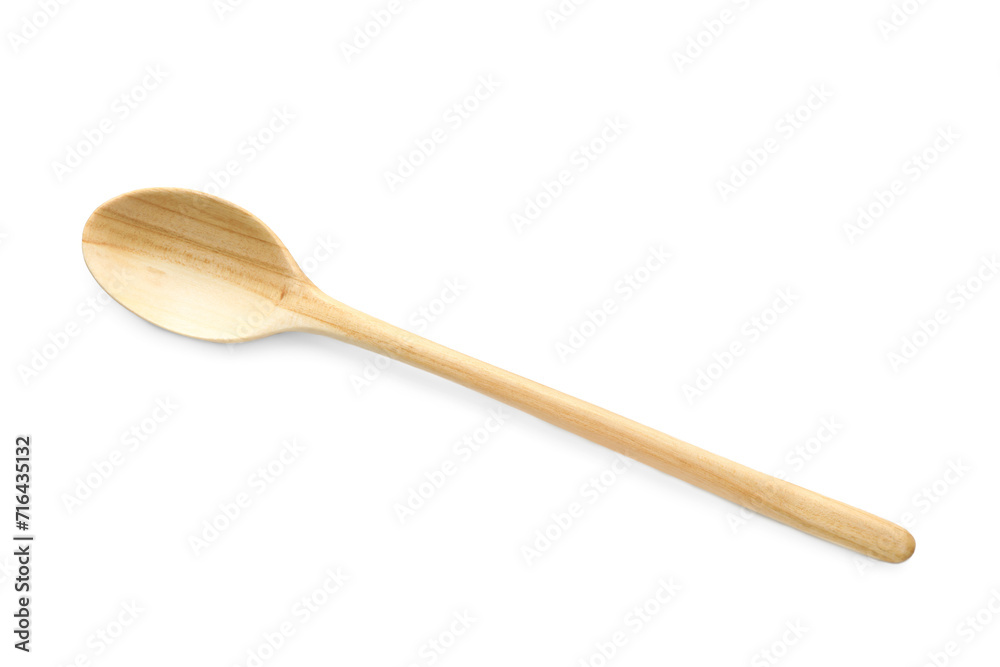 One empty wooden spoon isolated on white, top view One empty wooden spoon isolated on white, top view