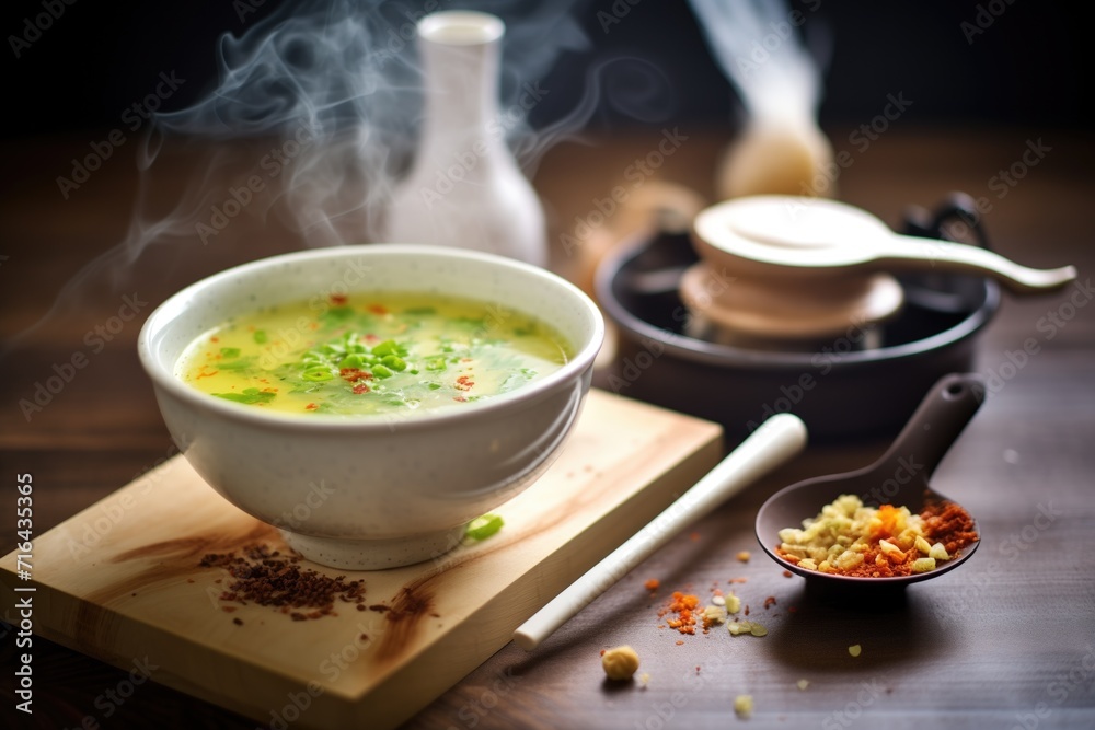 steaming bowl of soup with leek slices and pepper grinder beside steaming bowl of soup with leek slices and pepper grinder beside