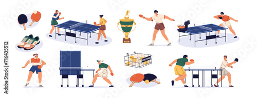 Ping-pong set. Playing table tennis, indoor sport game. Pingpong players, athletes training with opponent, machine. Ball, rackets for tabletennis. Flat vector illustration isolated on white background photo