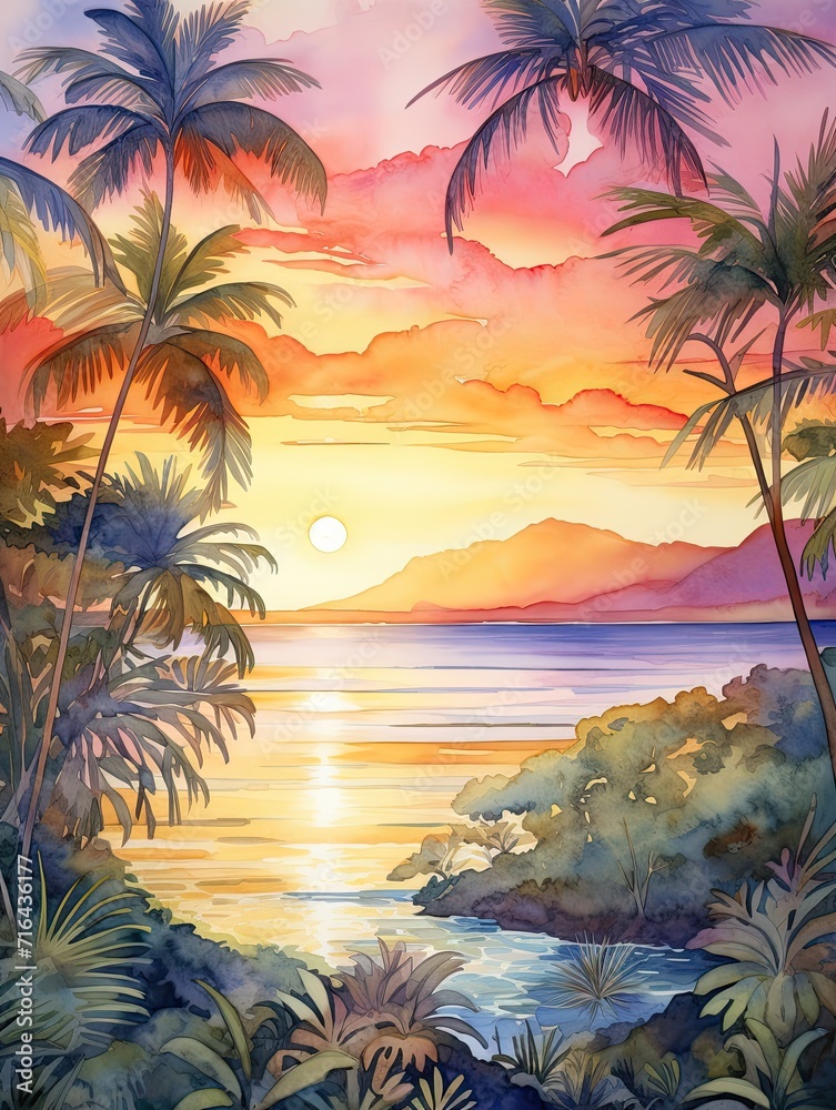 Tropical Island Horizons: Soft Tones Watercolor Landscape