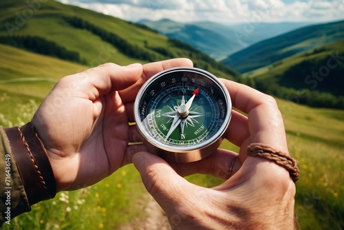 Compass in man's hand in front of summer mountain landscape with green hills and cloudscape , travel adventure and discovery consept