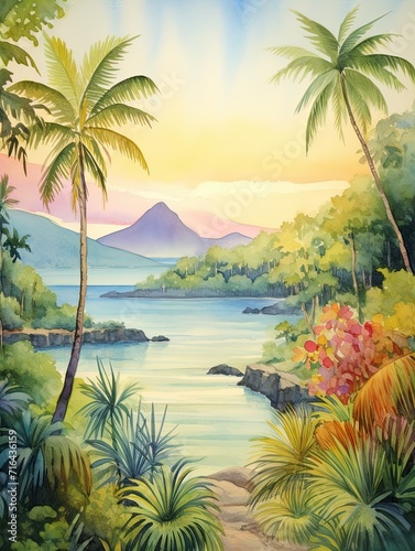 Tropical Island Horizons: A Watercolor Landscape in Soft Island Tones